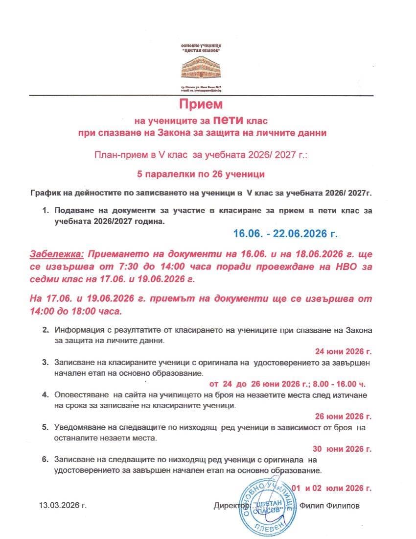 Прием 5 клас